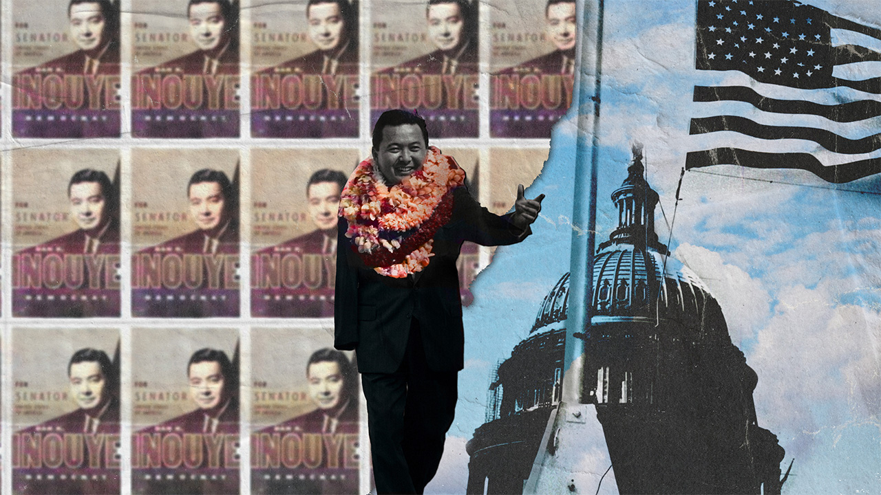 collage of man wearing hawaiian lay in front of american flag and posters of peoples
